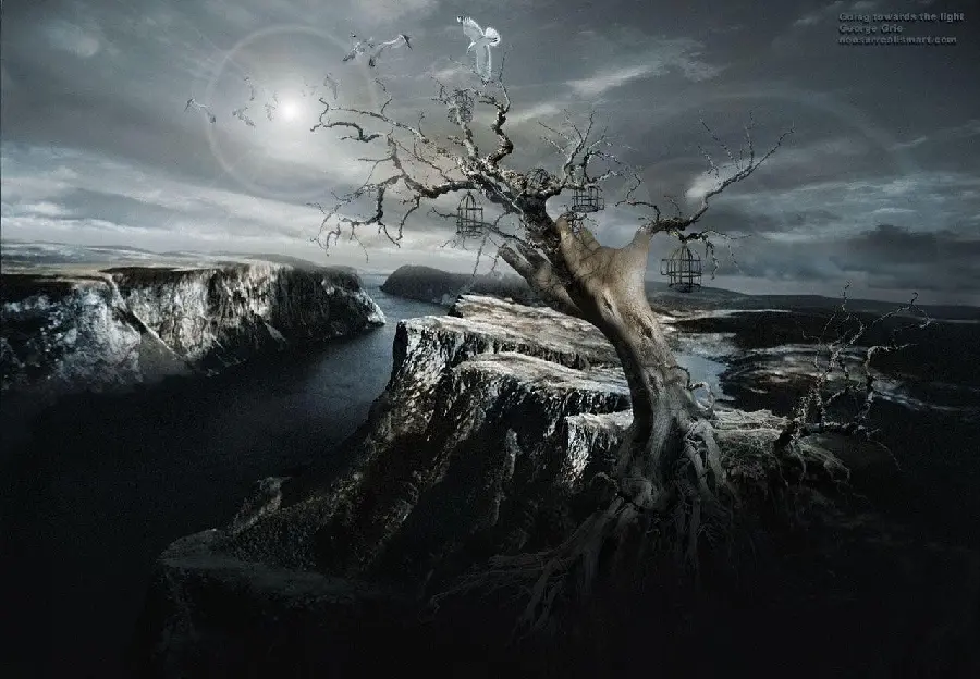 Strange and amazing photo of a tree by the river with the theme of black surrealism