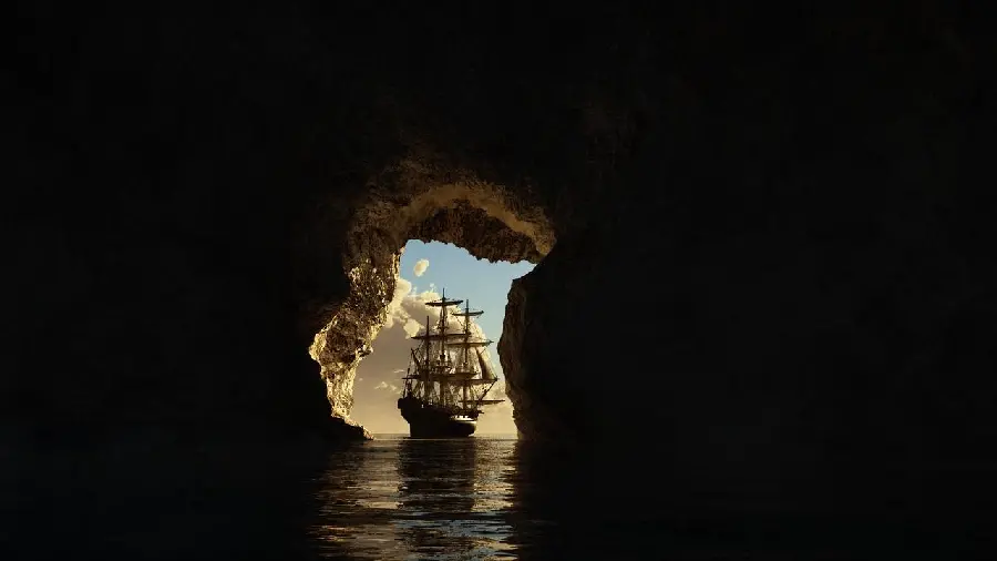 Photo of a dark cave entrance in the ocean and a sailing ship entering inside 
