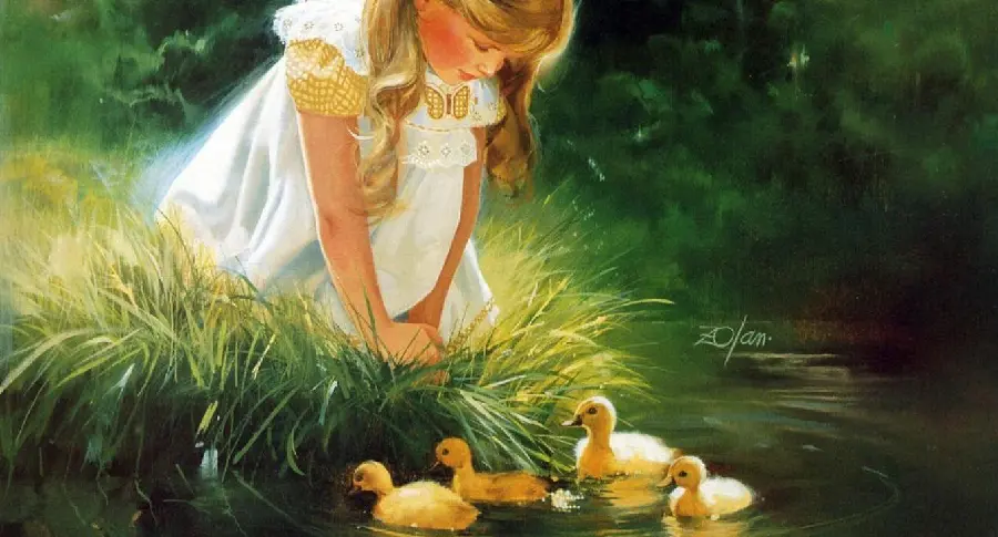 Picture of a painting of small and cute animals, yellow ducks 