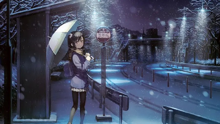 Download anime girly profile picture with a snow umbrella in a dreamy and romantic winter