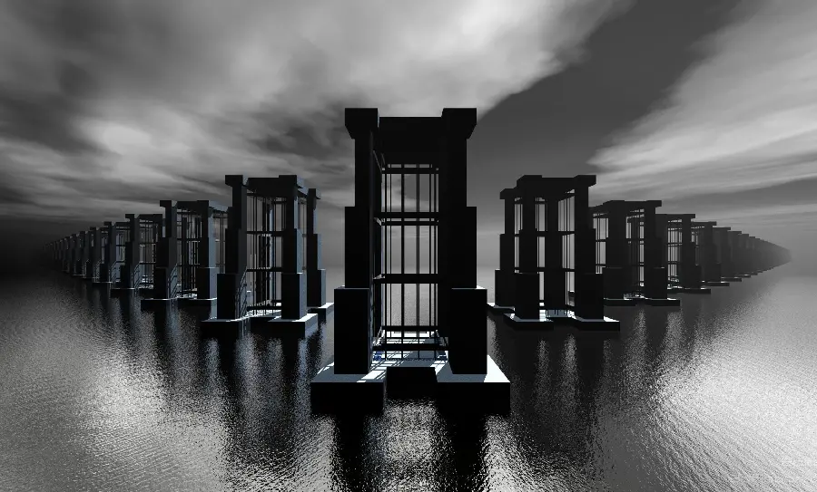 Background photo of structures on the water in the theme of black surrealism
