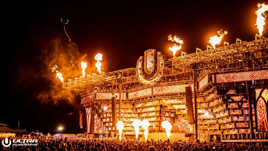 Great and crowded music festival background with fireworks