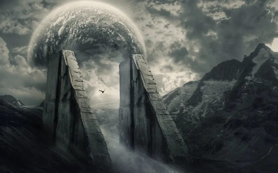 Get Dark and Black Wallpaper with a Big Moon and High Mountains