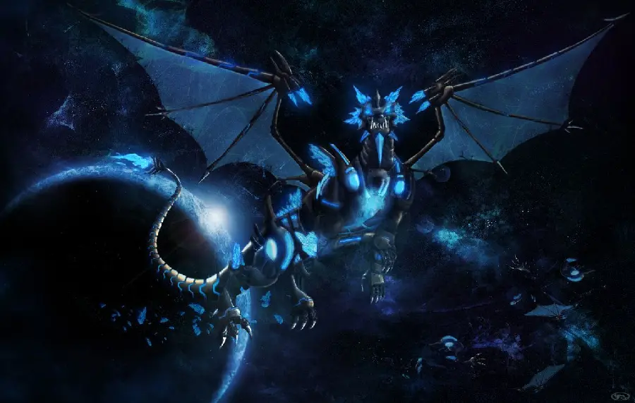 Boy's profile picture of a creepy blue dragon with a black background