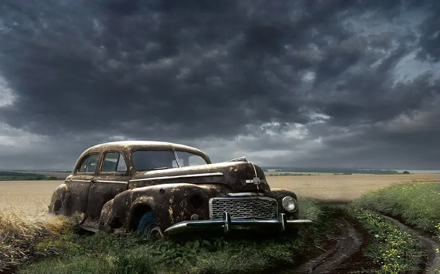 Beautiful wallpaper of a broken classic car and rotten