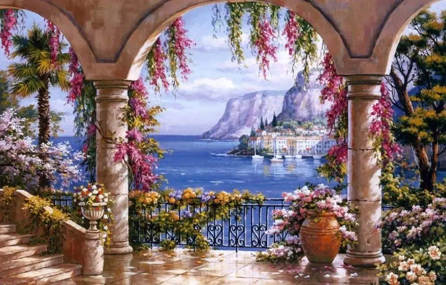 Italian Painting Sung Kim Flowering Patio 1940