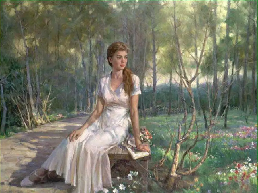 Image of a woman sitting on a bench in a white dress in a romantic painting