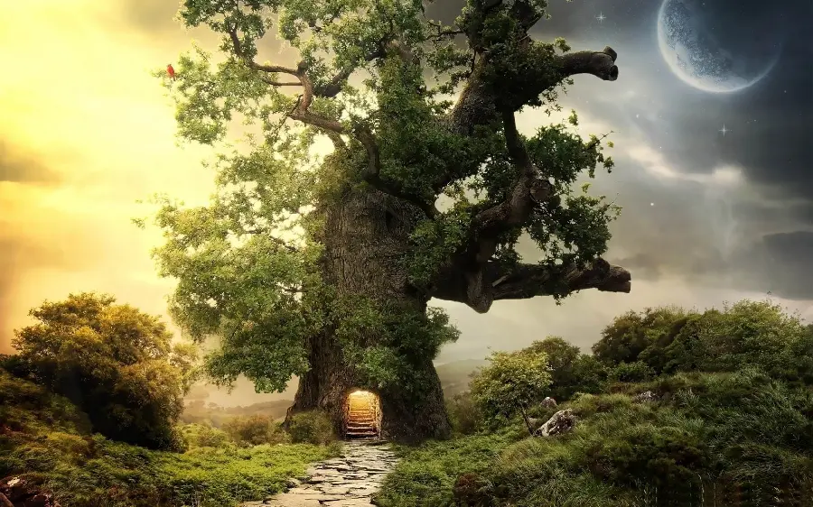 Fantasy wallpaper of a magical tree among imaginary forests