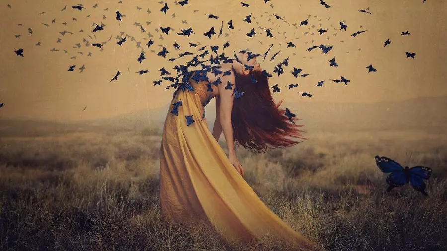 Fine Art Photography Wallpaper with a Beautiful Girl Among Butterflies
