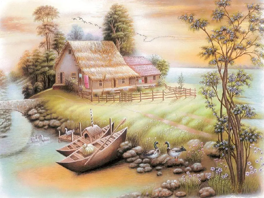 The most stylish painting of a cottage landscape in nature