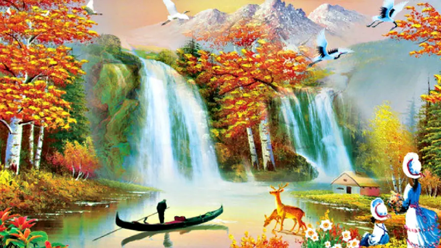 The most professional oil painting of a pure and pristine natural landscape of a waterfall and autumn orange trees