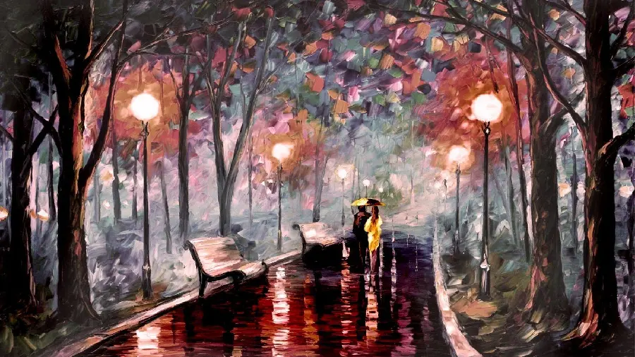Background photo of a man and a woman in love with an umbrella in a romantic style painting