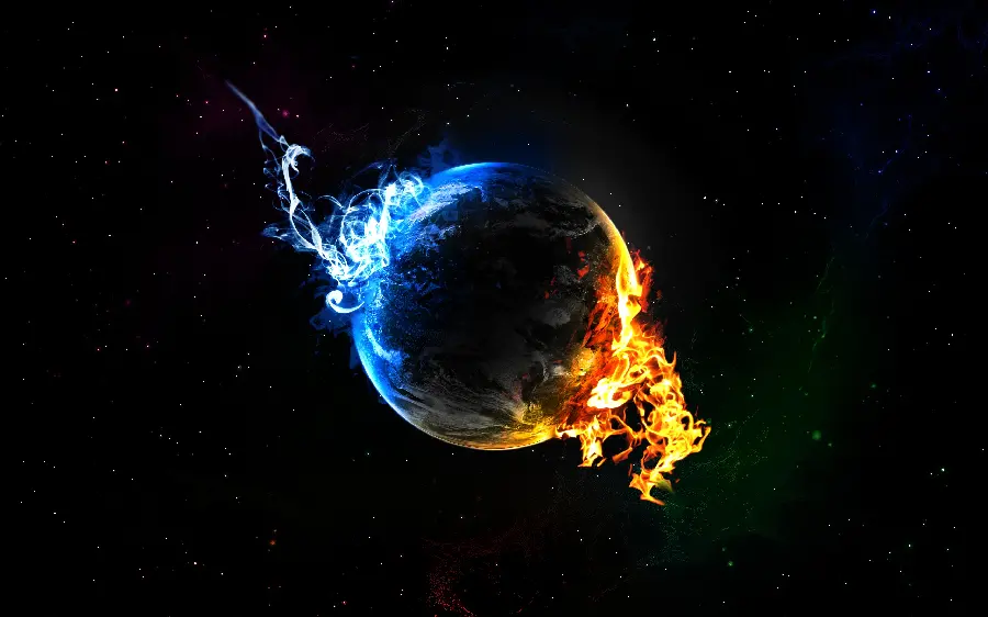 Dark and dark black sphere wallpaper with hot and cold flames 