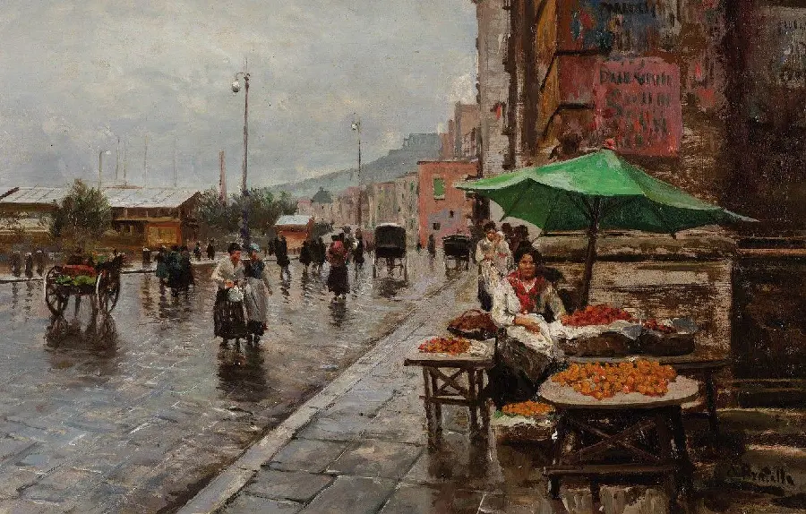 Italian painting fantasy street Naples Italy