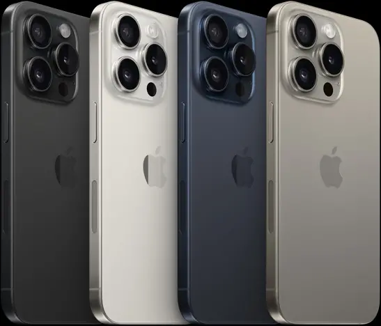 Photos of various iPhone 15 Pro, Pro Max and Plus models in incredibly diverse colors and features