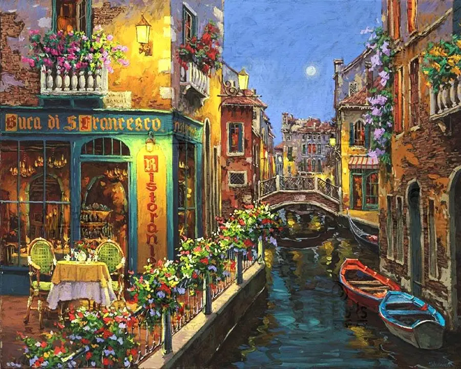 Italian Painting Fred Swan City Painting Bridge Canal Boats Water Building Bokeh 
