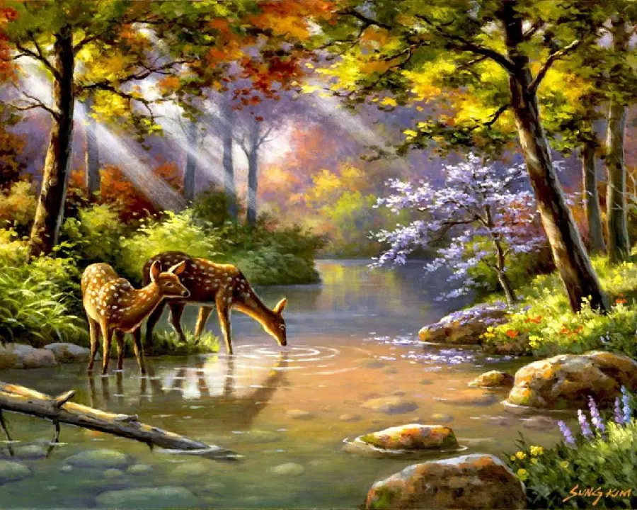 Simple and unedited photo of a painting of a forest and a lake with domestic animals 
