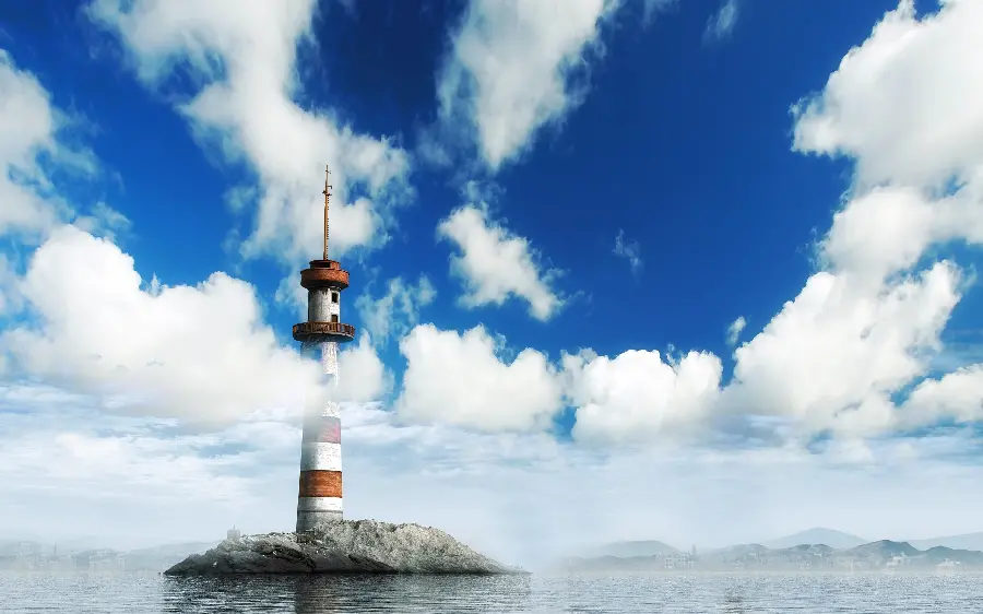Blue sky full of white clouds with a lighthouse 