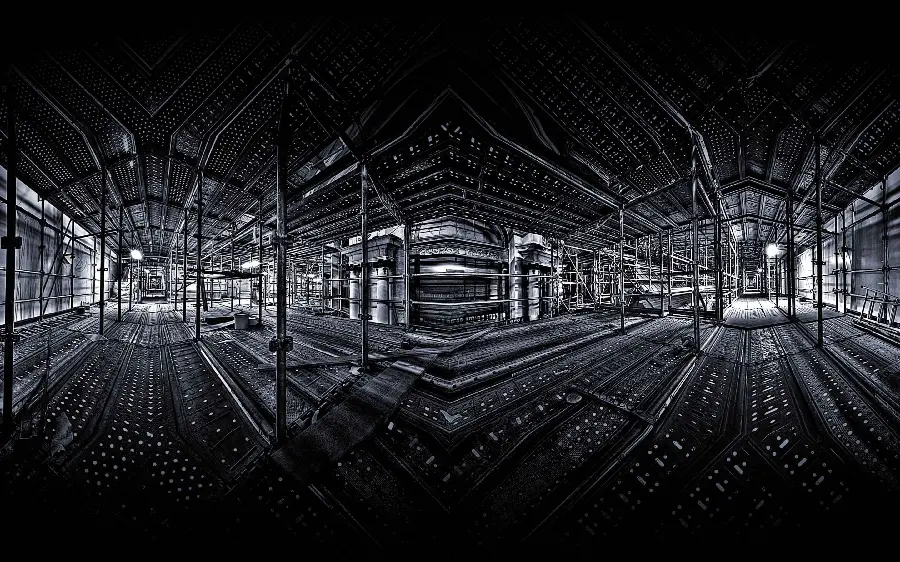 3D steel building background photo on black background