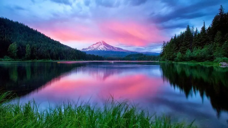 Beautiful background photo of a landscape in a purple sunset and reflected in the lake