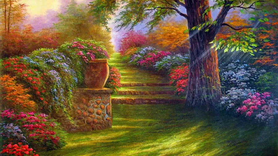 Nature painting photo with a lush view of colorful flowers