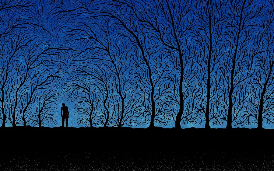 Sad profile picture of a lonely man among the trees in 4K forky quality 