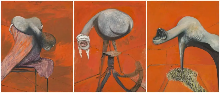 Photo of Francis Bacon's painting, Three Studies for Figures at the Base of a Crucifixion