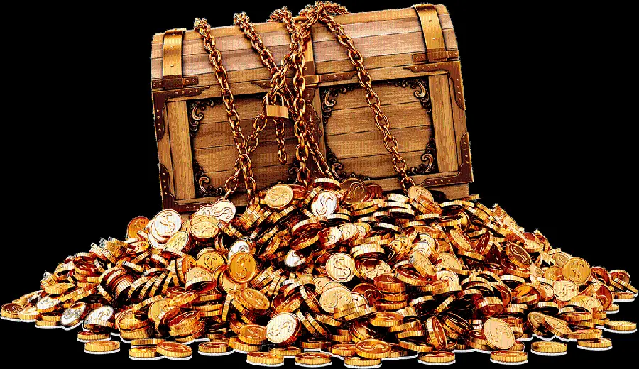 Download a picture of a locked wooden chest with a pile of gold coins in PNG format