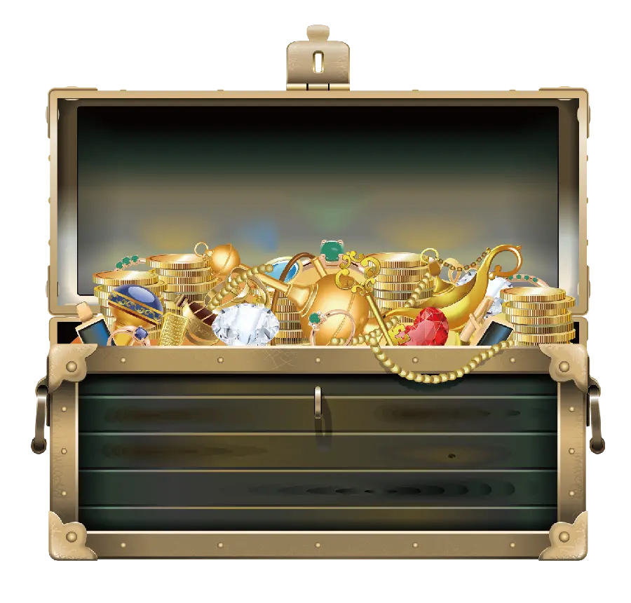 Download a PNG image of a treasure chest full of gold and diamonds and coins 