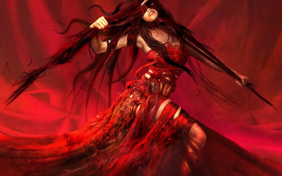 The most stylish girly wallpaper with a sense of excitement of a strange girl in red
