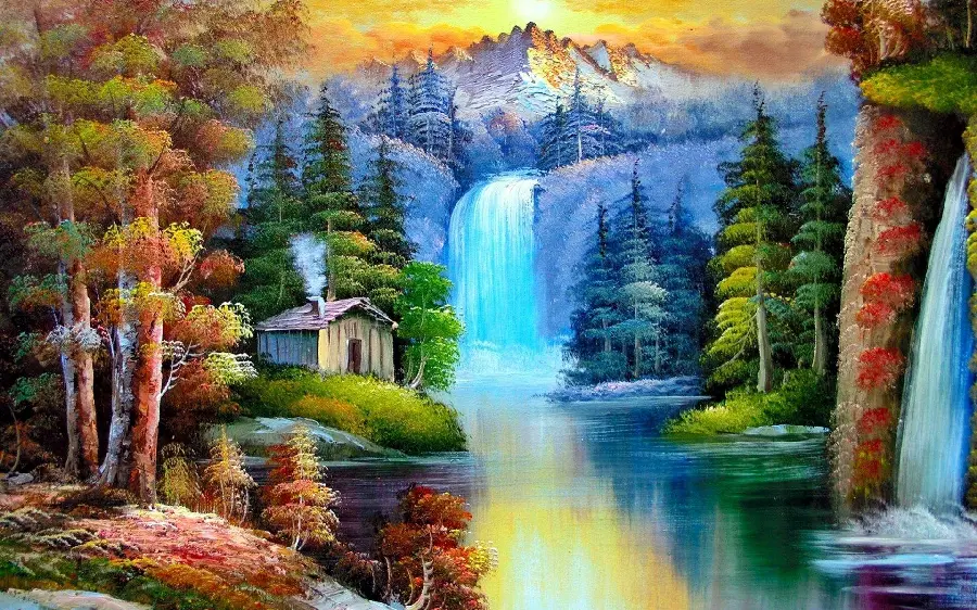 Waterfall nature painting with lush and interesting and spectacular trees