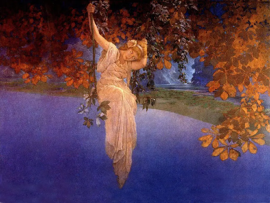 Photo of Maxfield Parrish's painting with a woman on a swing from the essence