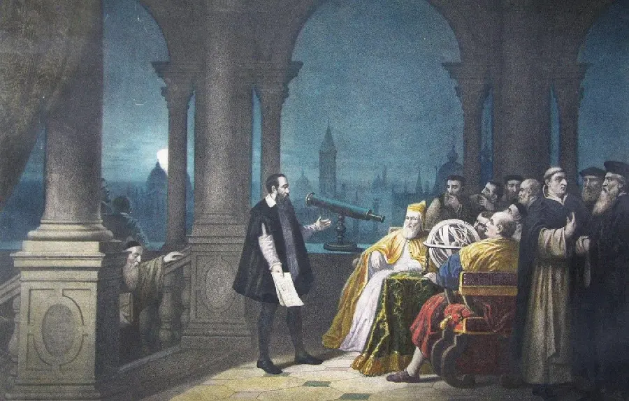 Stock painting of Galileo Galileo giving a speech in 4k quality 