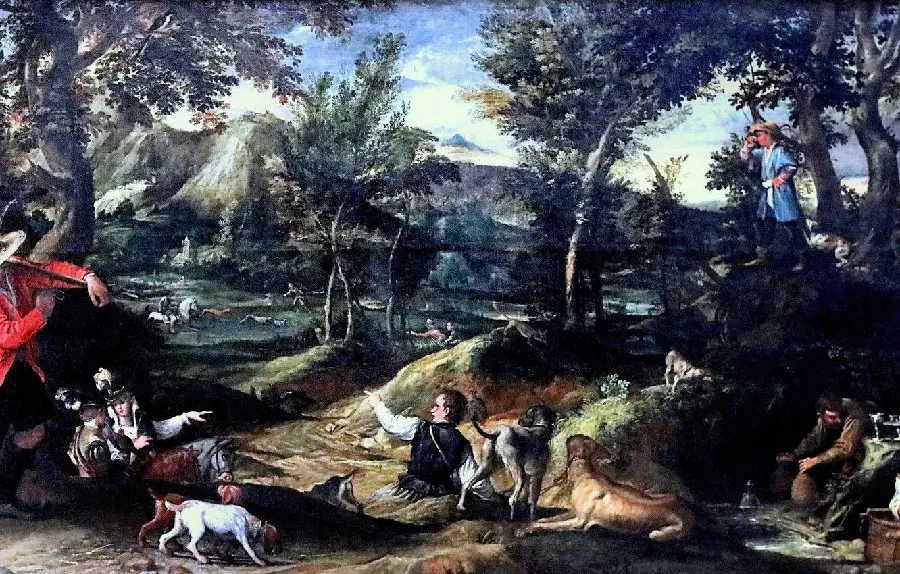 Italian Oil Painting Landscape with the Flight into Egypt by Annibale Carracci (1560-1609) -- Hunting