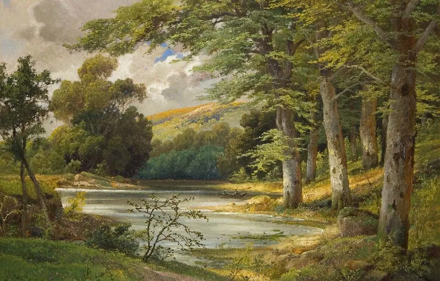 Photo of relaxing and pleasant nature drawn in Romanticism style painting