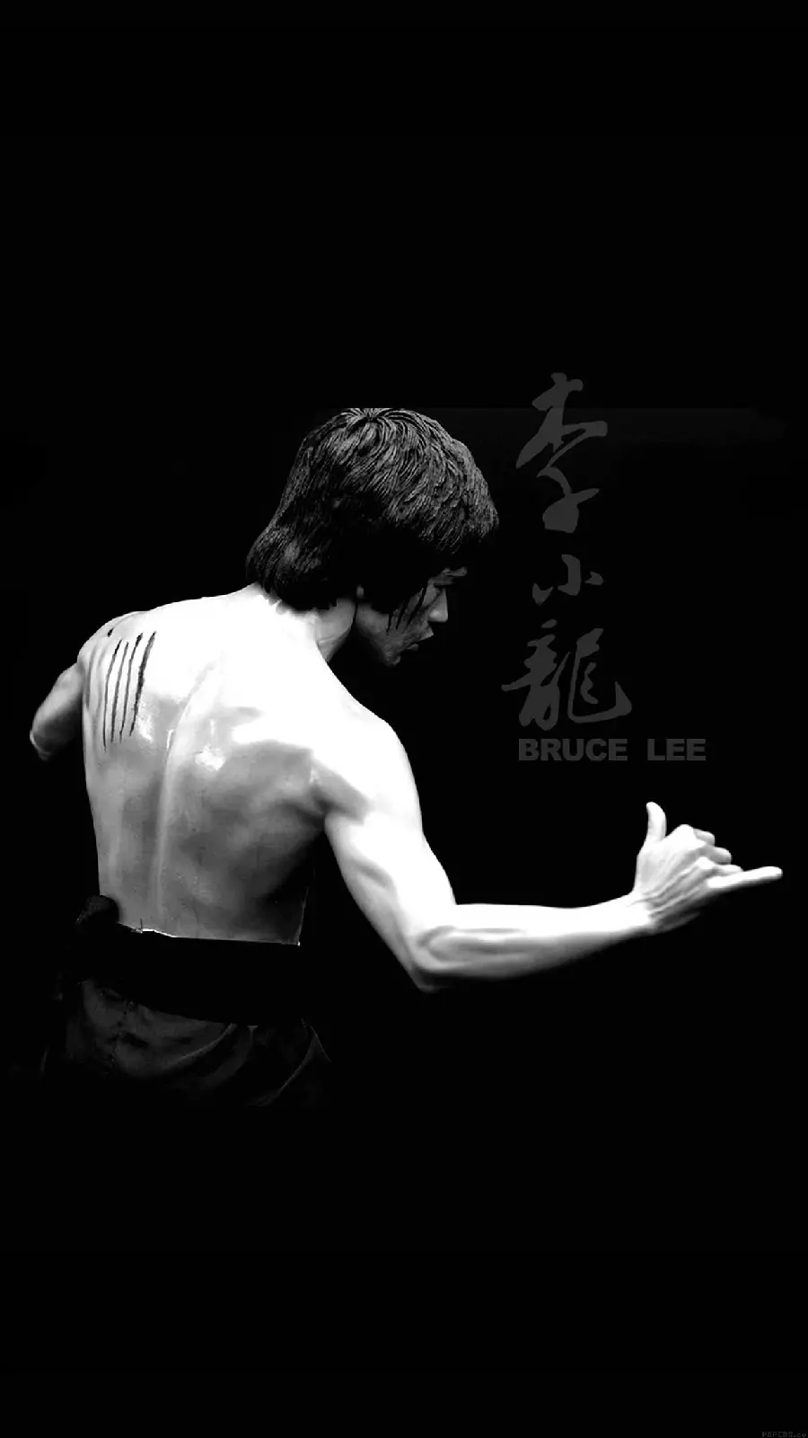 Interesting photo of the back of Bruce Lee in a black theme