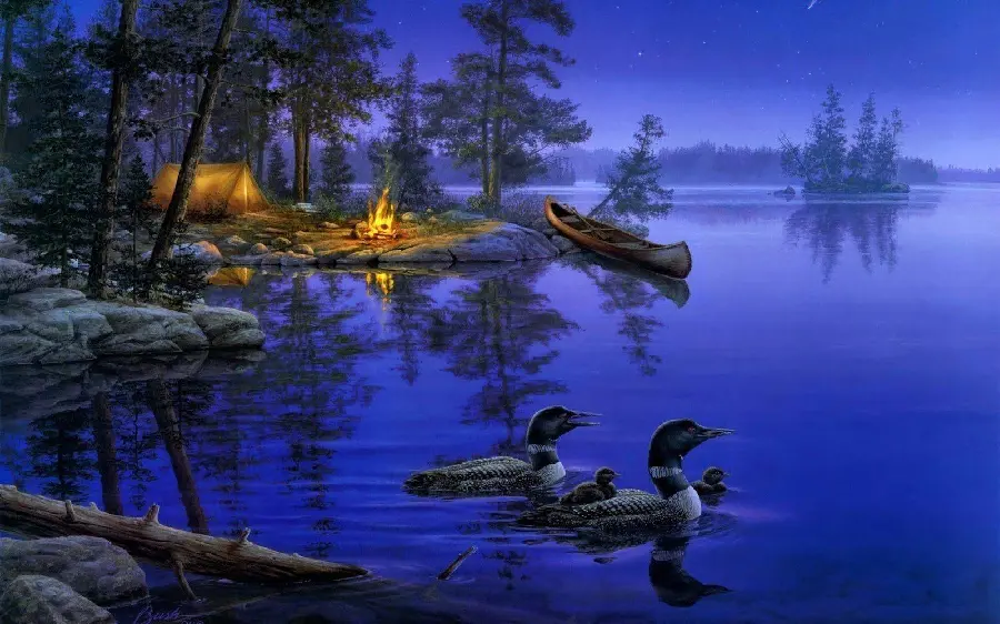 Photo of a painting of a camp in a tent on the shore of the lake for free download 