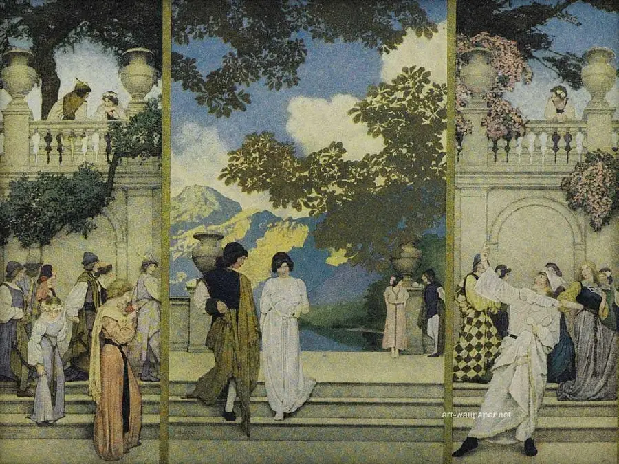 Painting by Maxfield Parrish The people of the city combine reality and fantasy