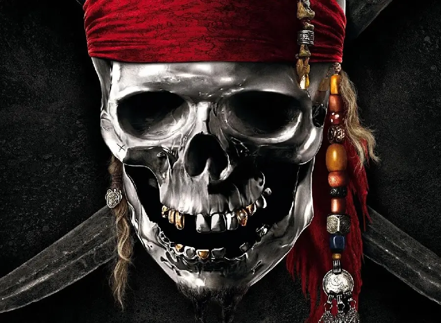 The interesting and spectacular picture of the human skull in a pirate costume 
