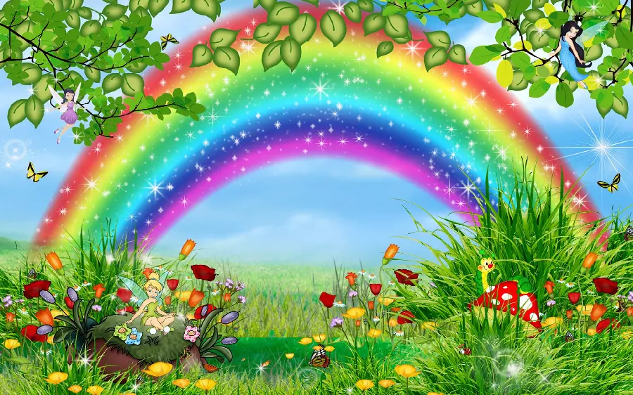 A childish and colorful wallpaper of nature and rainbow