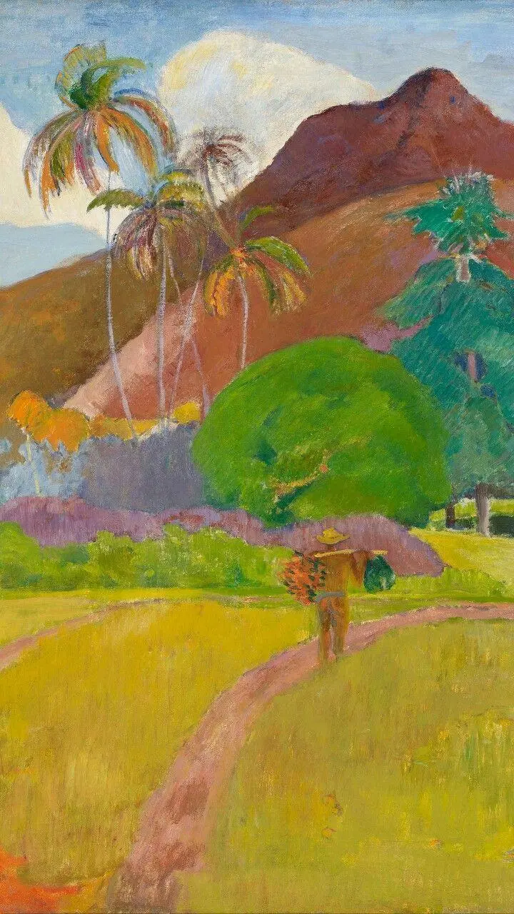 Picture of a painting of a wheat field in a mountain village by the French artist Paul Gauguin 