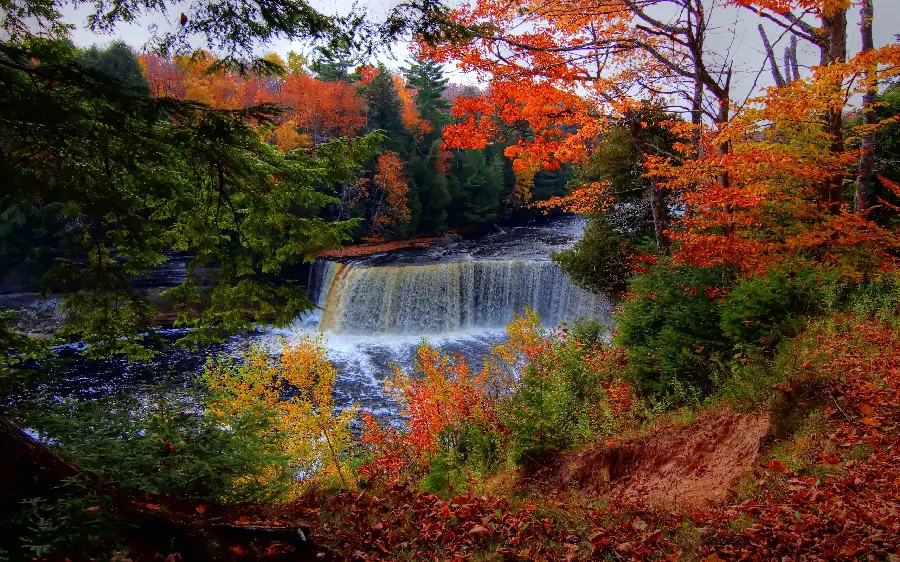 The most dreamy waterfall landscape in the autumn forest 