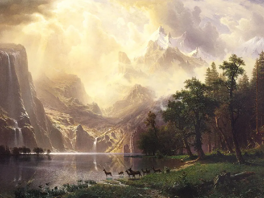 Romanticism style painting photo of deer by the river 
