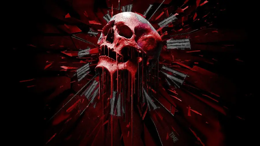 The dark and terrifying picture of the human skull in color Blood red 
