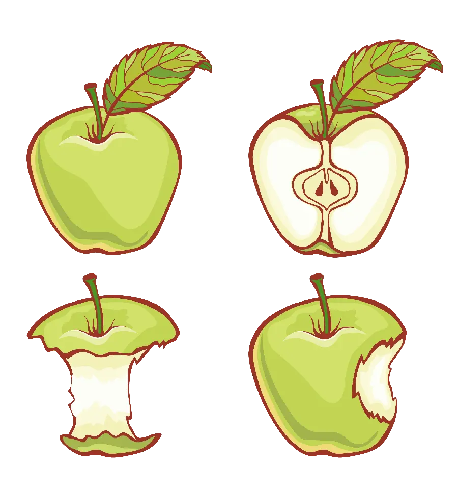 Download animated and cartoon image of a green apple drawing in different shapes, whole and bitten 