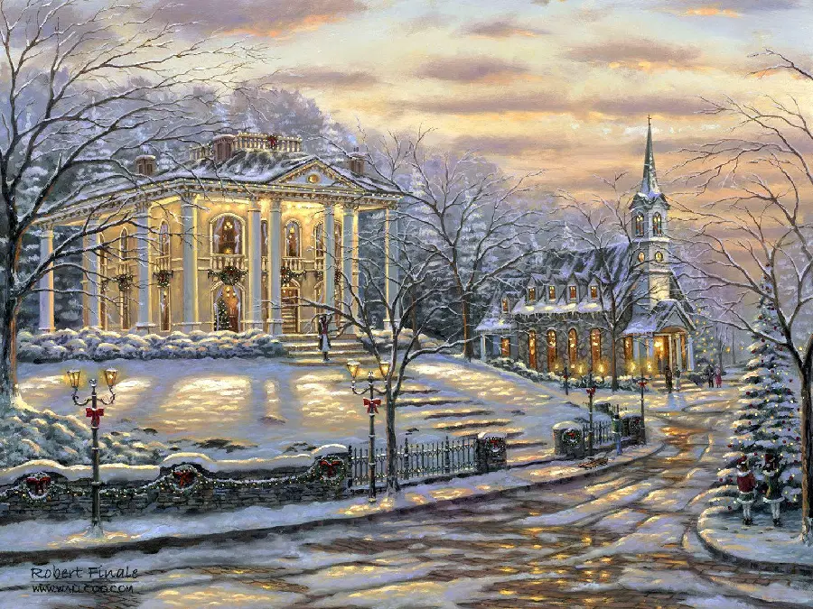 Romantic painting of old buildings covered in snow