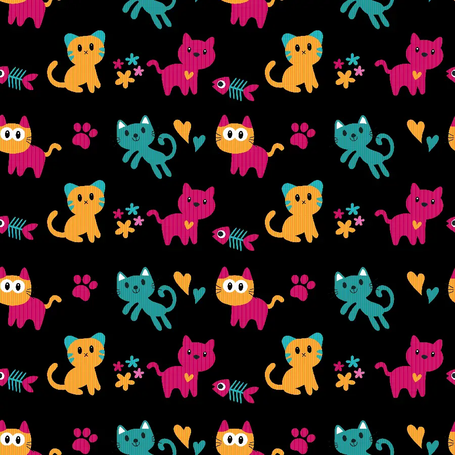 PNG images of colorful and small googly cats with a black background 