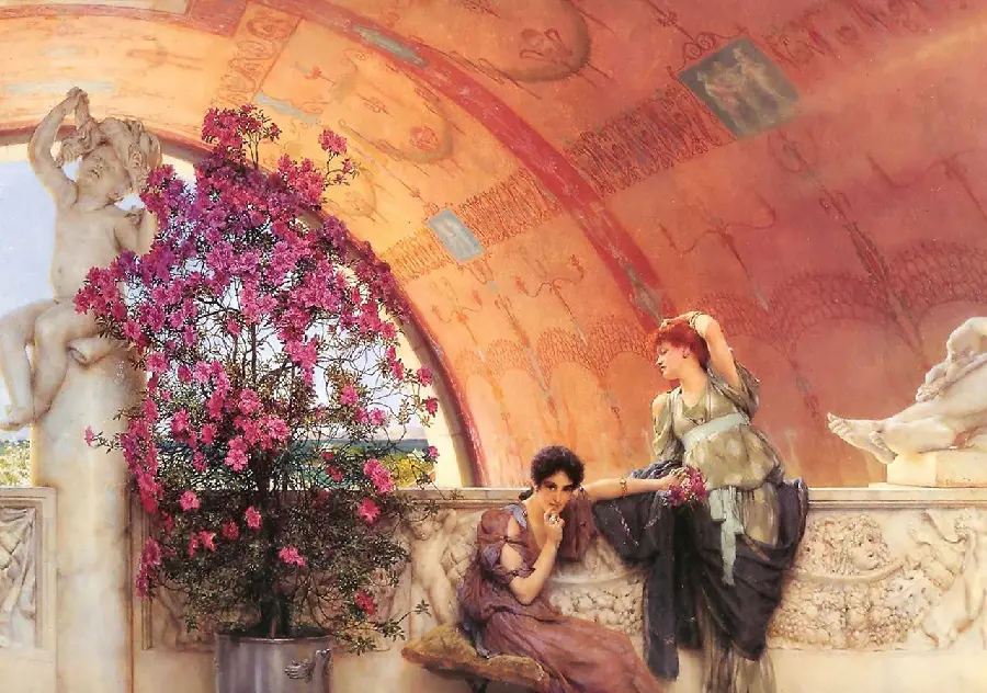 Renaissance painting of two young ladies talking to each other