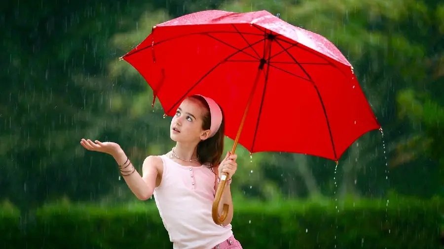 Cute profile picture and background of a little girl with a beautiful red umbrella in the rain