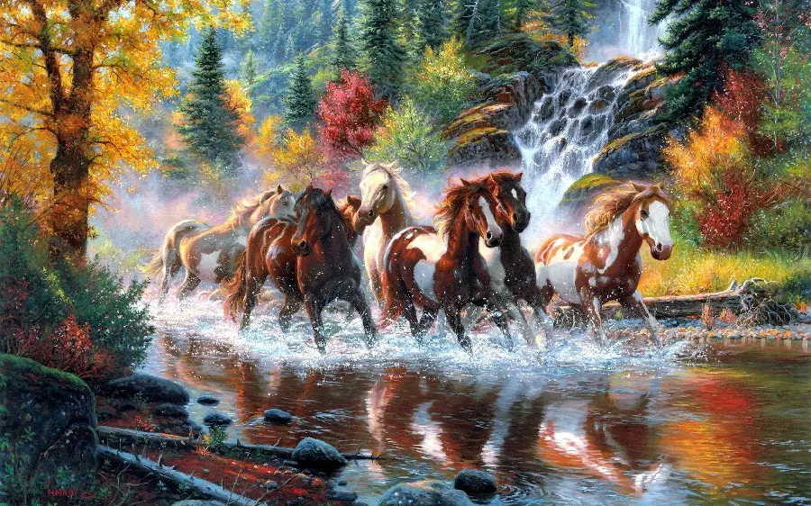 Dreamy painting of nature and horses running in the lake